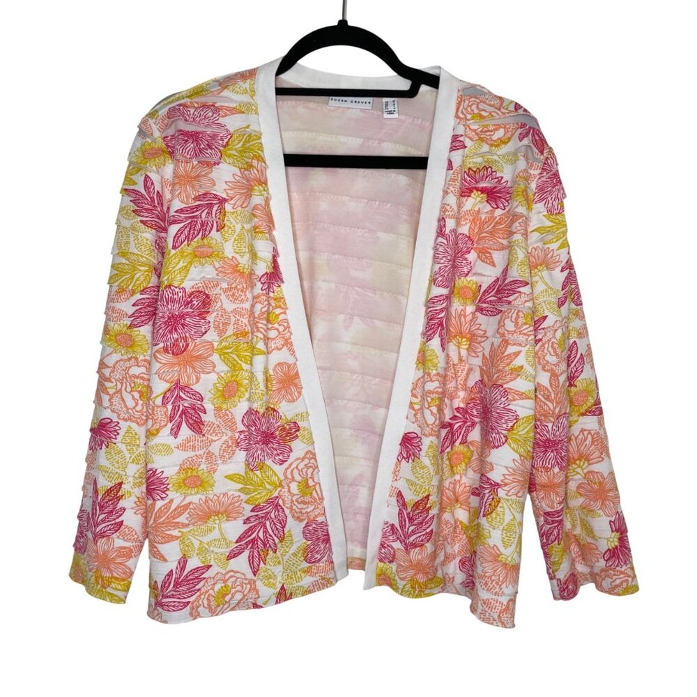 Susan Graver Womens Floral Open Front Cardigan Lightweight Jacket Womens M
